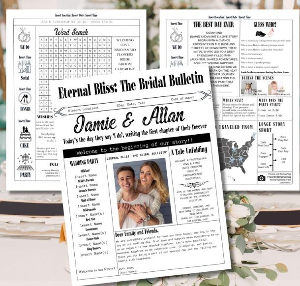 Wedding newspaper pages laid out together